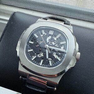 seiko mod black skeleton nautilus automatic watch
